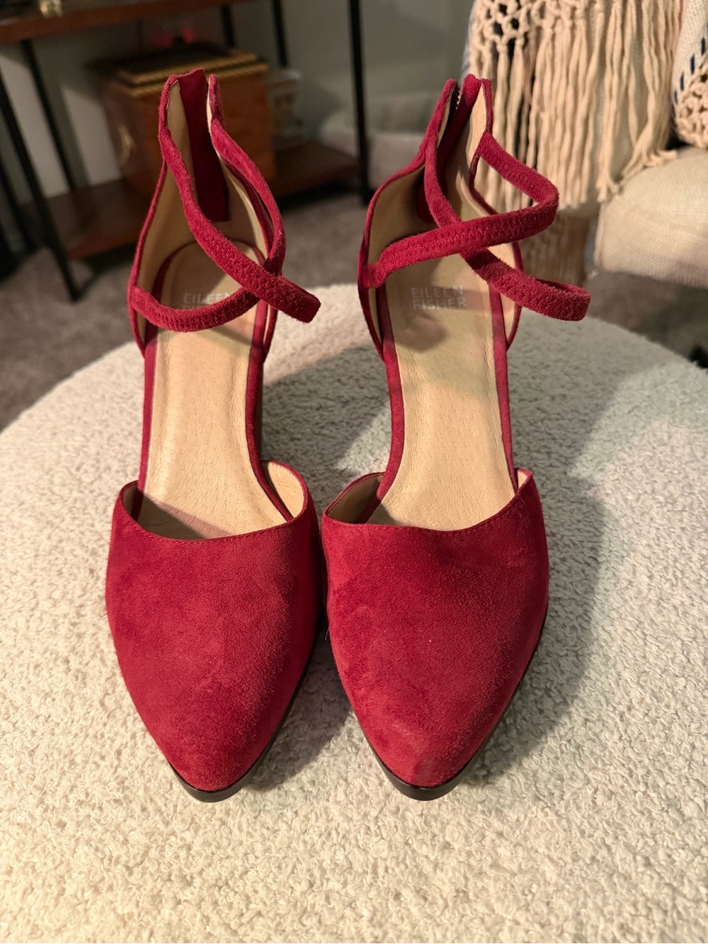 Eileen Fisher Red Suede Pointed-Toe Ankle-Strap Wedges